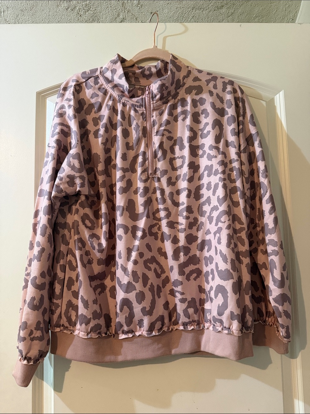 SHEIN Pink and Taupe Leopard Print Quarter-Zip Sweater